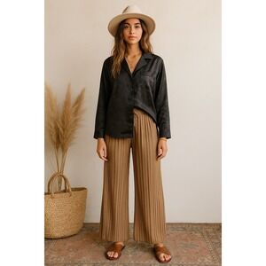 Pleated Wide Leg Palazzo Pants with Drawstring Waist - Casual Lounge